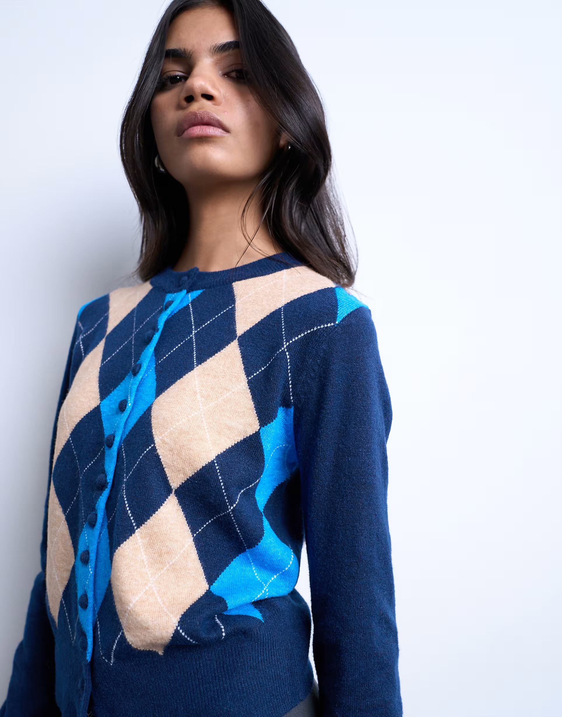 Topshop knitted fine argyle cardigan in navy | ASOS (Global)