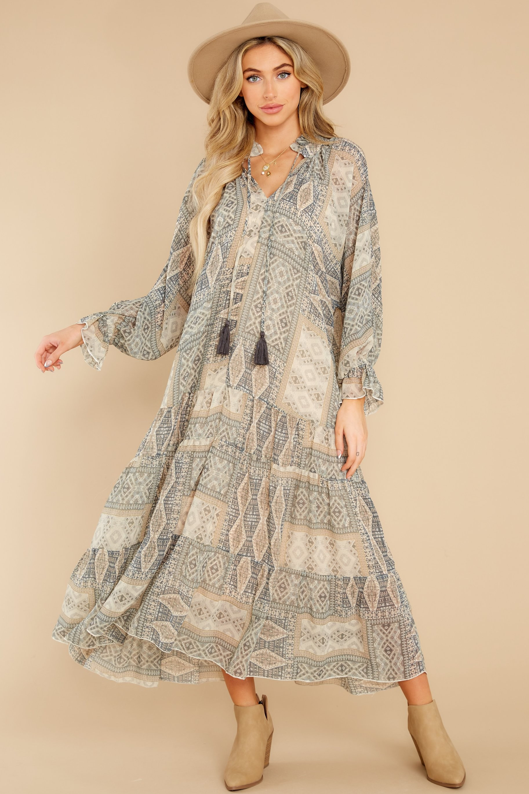 Mission Accomplished Sage and Tan Print Maxi Dress | Red Dress 