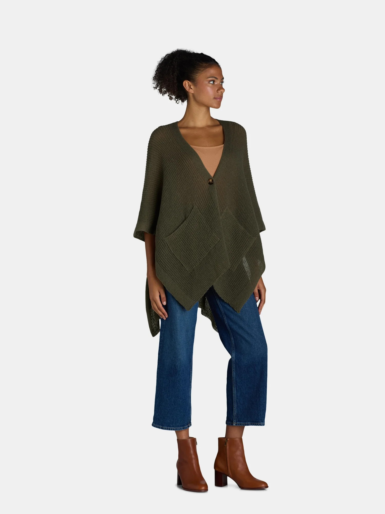 Time and Tru Women's Knit Fashion Ruana with Single Button, One Size, Faded Green | Walmart (US)