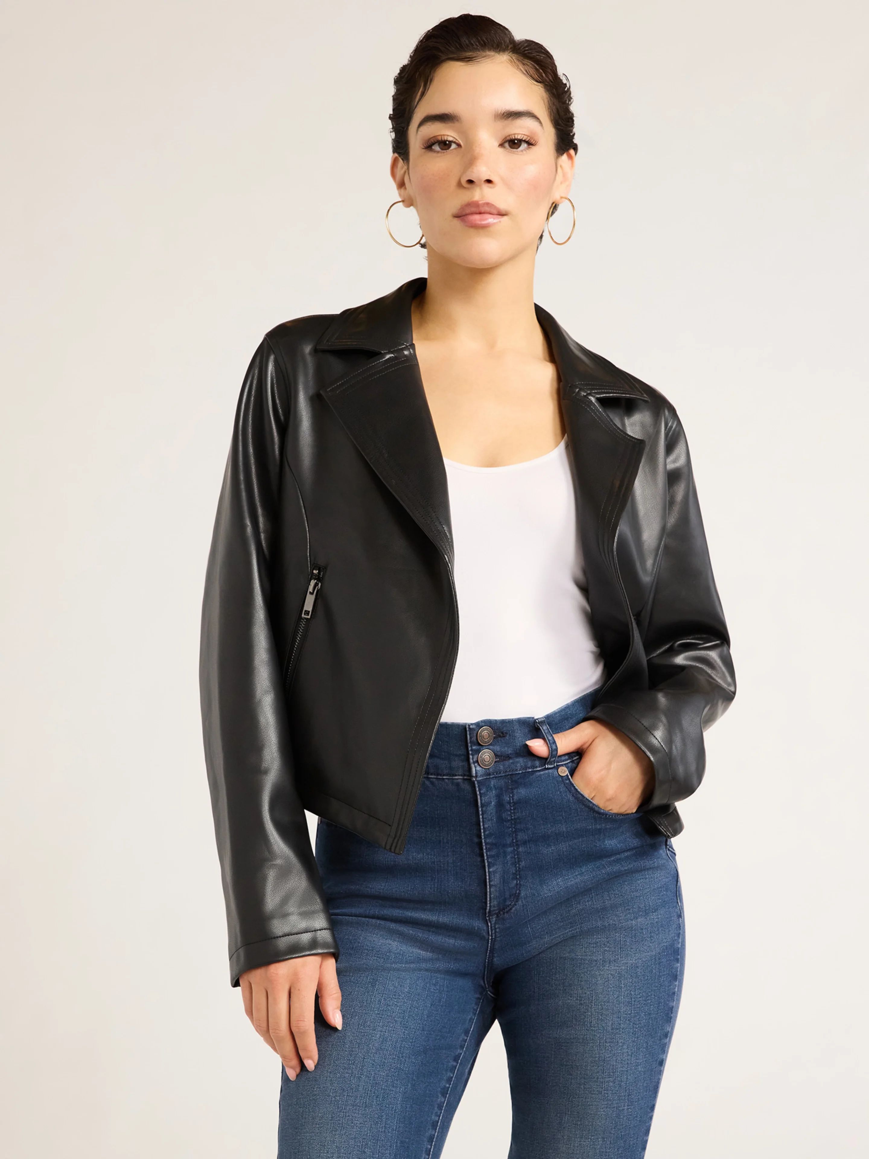 Sofia Jeans Women's Faux Leather Stitch Moto Jacket, Sizes XS-XXL | Walmart (US)