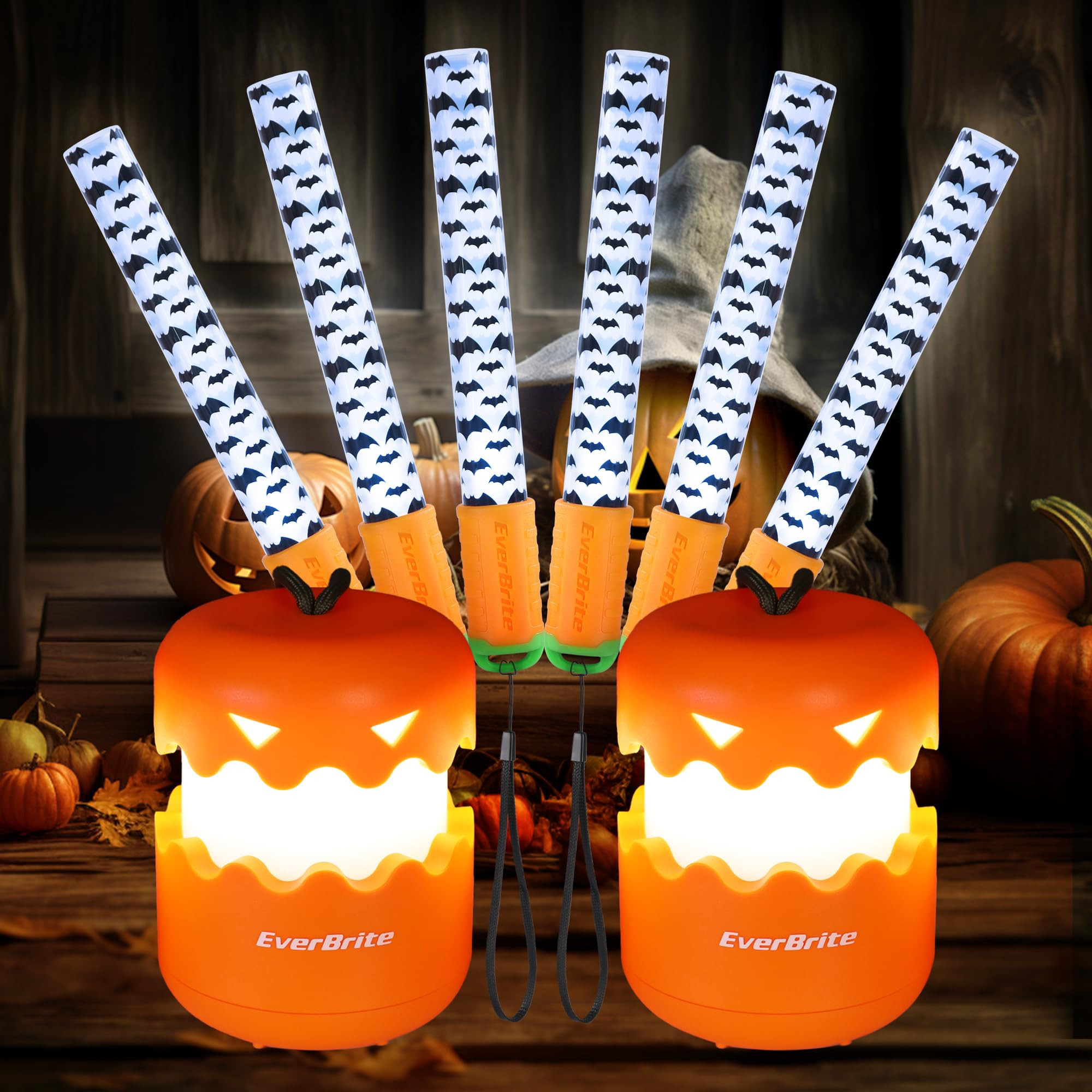 EverBrite Halloween Pumpkin Lantern and Bat Glow Stick Set, Collapsible Jack O Lantern Lights wit... | Amazon (US)