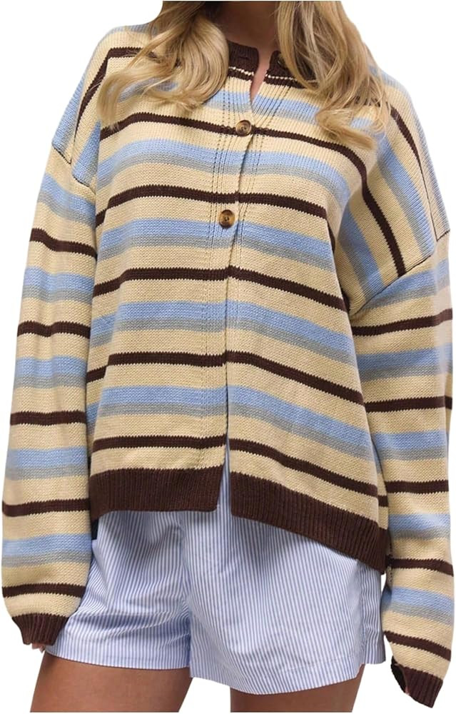 MakeMeChic Women's Striped Cardigan Button Down Long Sleeve Crew Neck Sweater | Amazon (US)