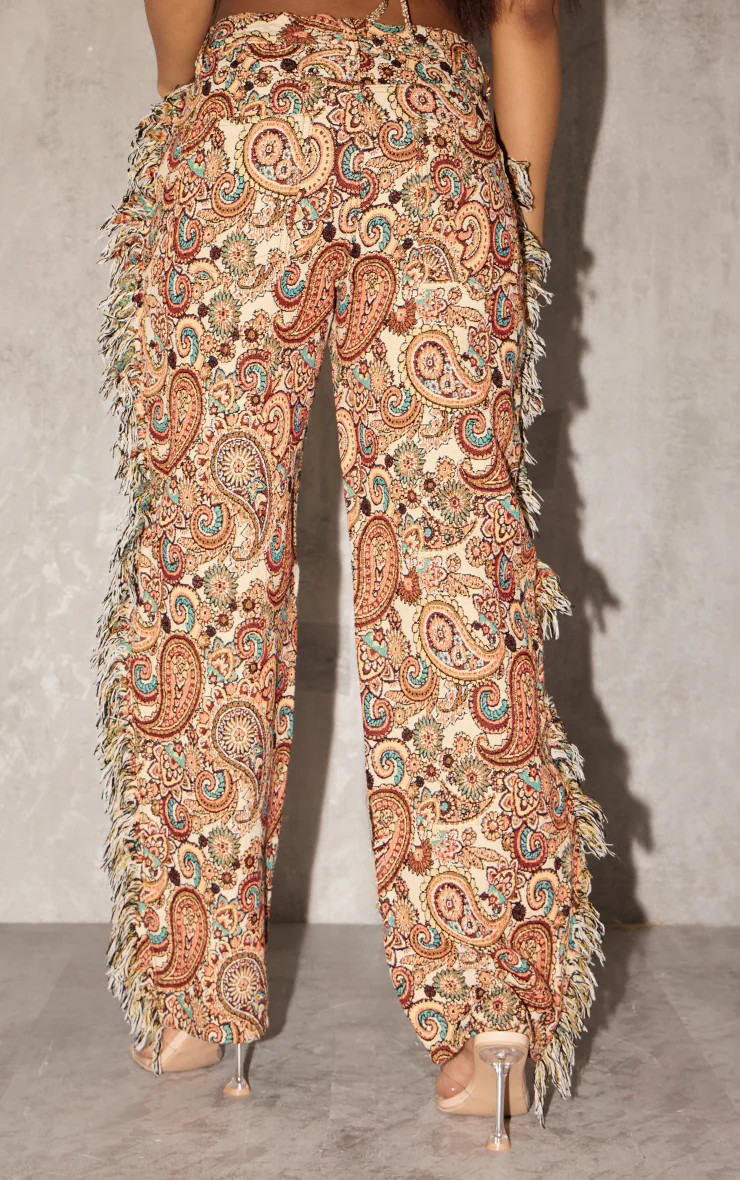 Orange Aztec Printed Jacquard Twill Tassel Side Trousers | PrettyLittleThing UK