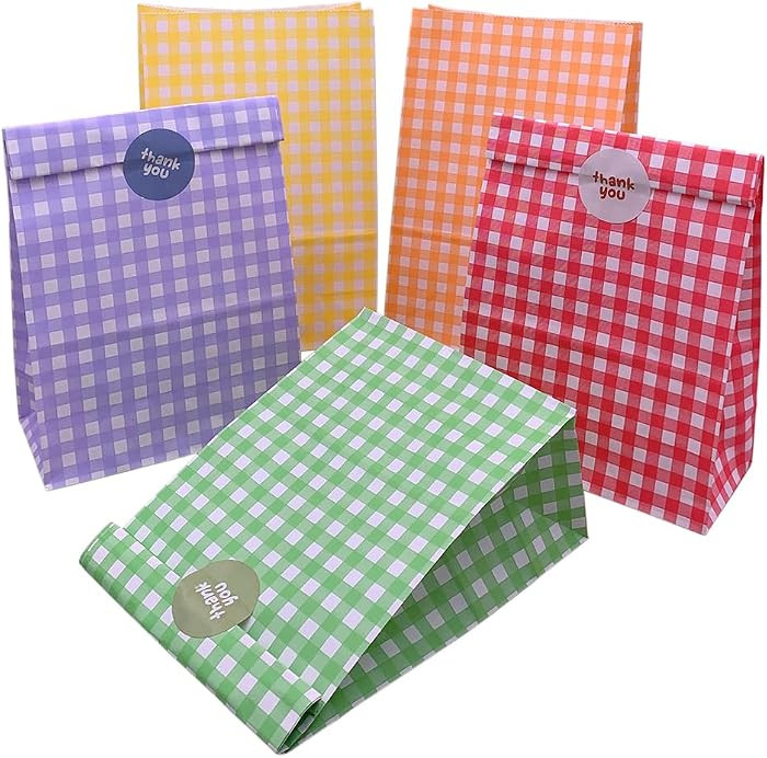 25pcs Party Favor Bags Colorful Paper Bags Rainbow Treat Bags Checked Gift Bags Goodie Bags with ... | Amazon (US)