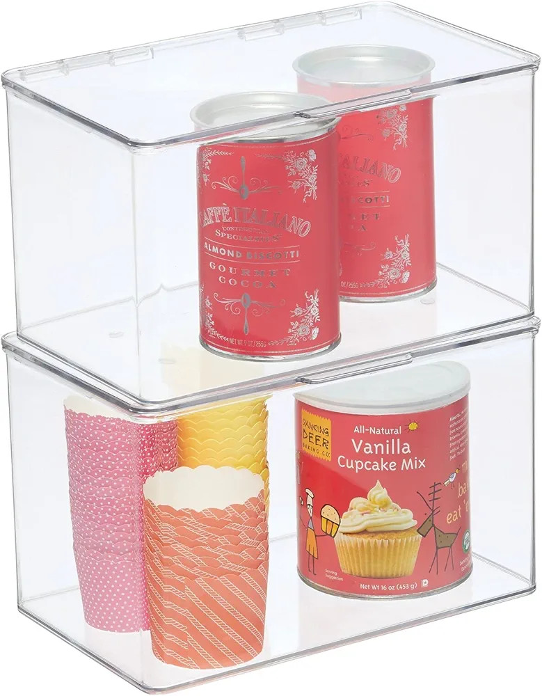 mDesign Plastic Kitchen Pantry and Fridge Storage Organizer Box Containers with Hinged Lid for Shelves or Cabinets, Holds Food, Snacks, Canned Drinks, Seasoning, Lumiere Collection, 2 Pack, Clear | Amazon (US)