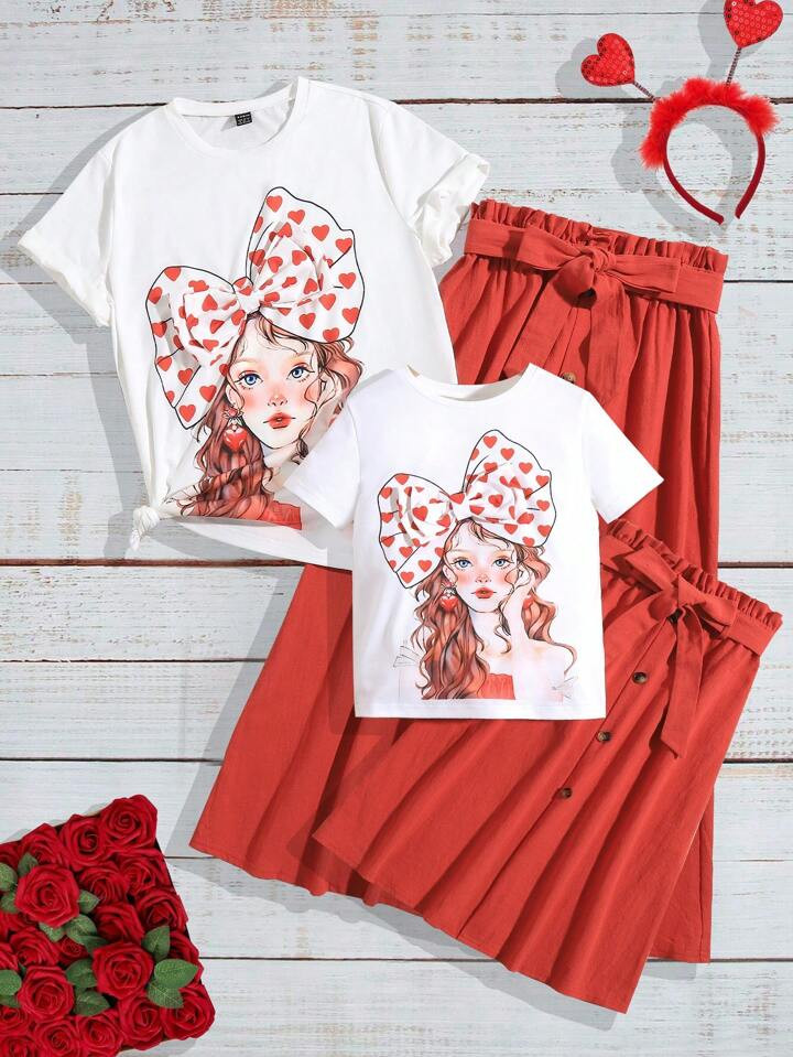 1pc Girls' Printed T-shirt And 1pc Paper Bag Waist Skirt Two Piece Set For Big Girls | SHEIN