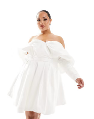 ASOS EDITION Curve Lila satin structured off shoulder mini wedding dress with full skirt in ivory | ASOS (Global)
