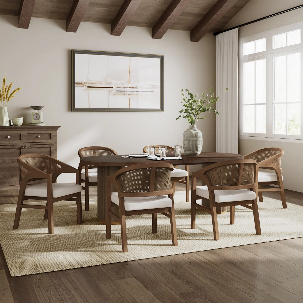 Solenne Mid-Century Modern Dining Set With Cane Back Rubberwood Chairs And Fluted MDF Veneer Pede... | Wayfair North America