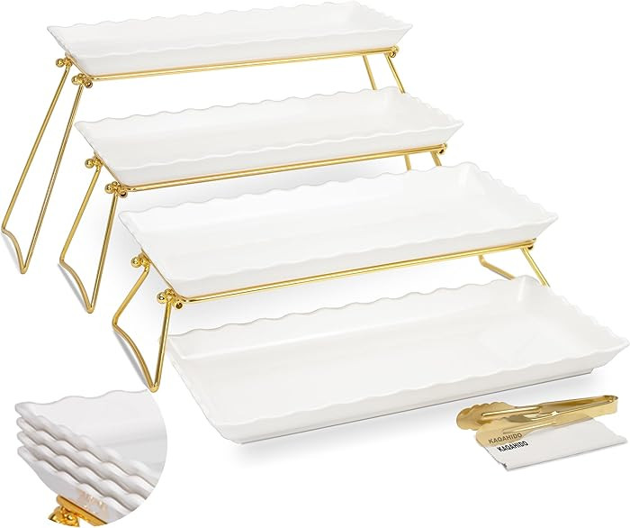 KAQAHIDO Extra Large 4 Tier Serving Tray Set, 34x22x10 inch Wave Edge Melamine Dessert Table Disp... | Amazon (US)