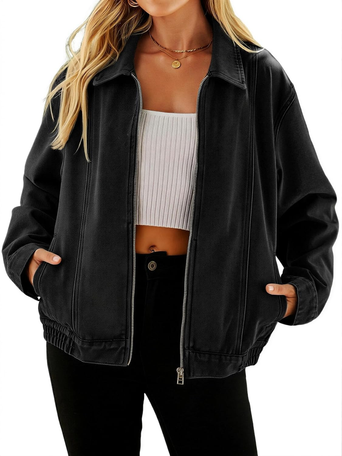 Glamaker Womens Denim Jacket Zip Up Spring Fall Casual Jean Jacket Relaxed Fit Classic Denim Coat | Amazon (US)