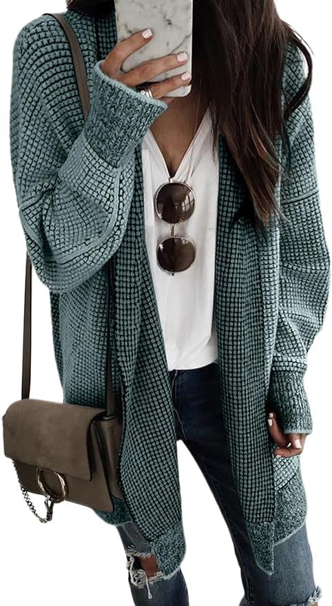 EVALESS Cardigan Sweaters for Women Open Front Oversized Lantern Sleeve Plaid Chunky Waffle Knit ... | Amazon (US)