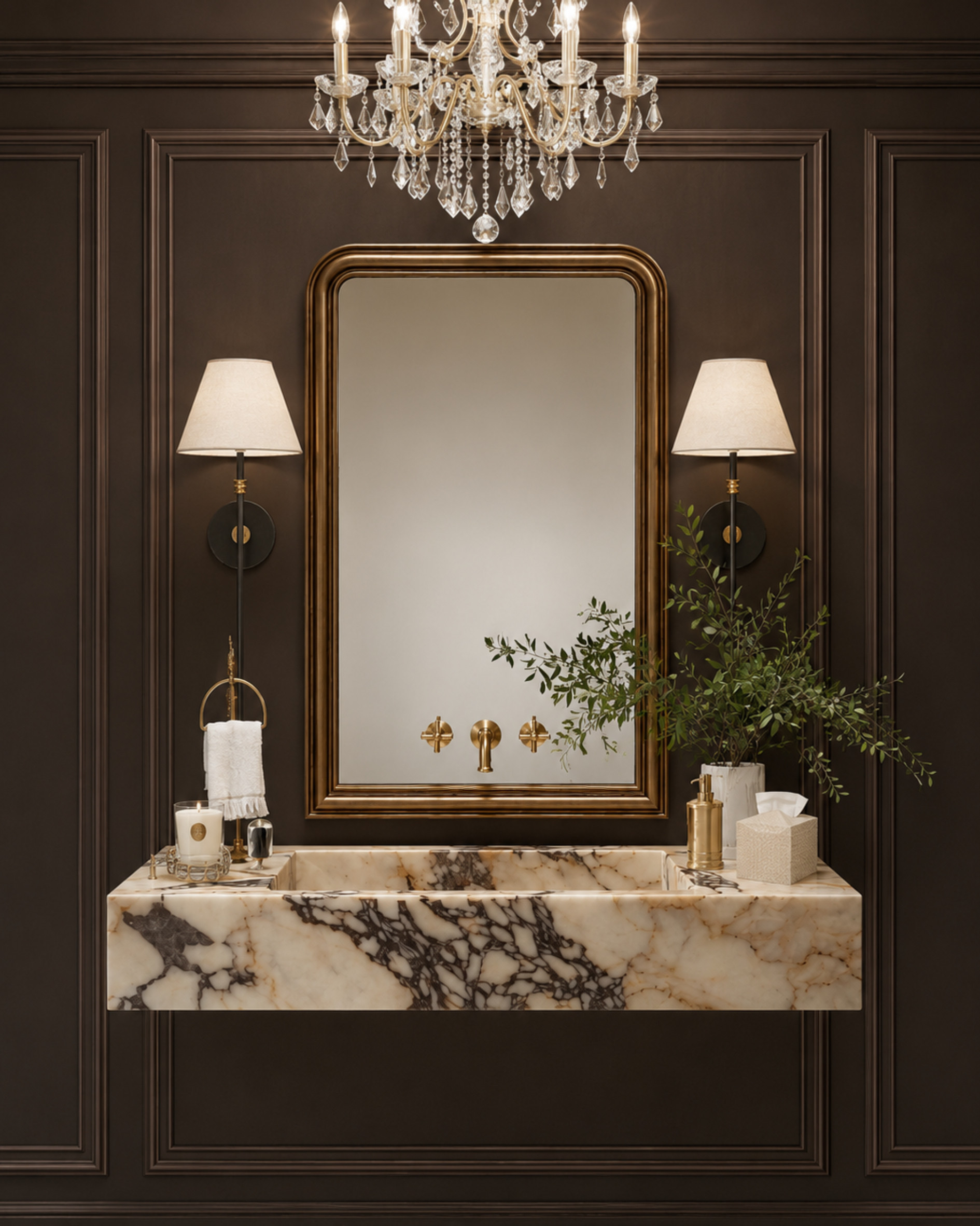 This bathroom is proof that a powder bath can feel dramatic, classic, and expensive without doing too much. The dark paneled walls, antique brass mirror, crystal chandelier, marble vessel sink, and tailored sconces make the whole space feel collected and polished. Perfect inspiration for a small bath refresh, powder room makeover, or anyone wanting that old-world luxury look.

I may receive a commission from purchases made through my links. 

 #LTKHome