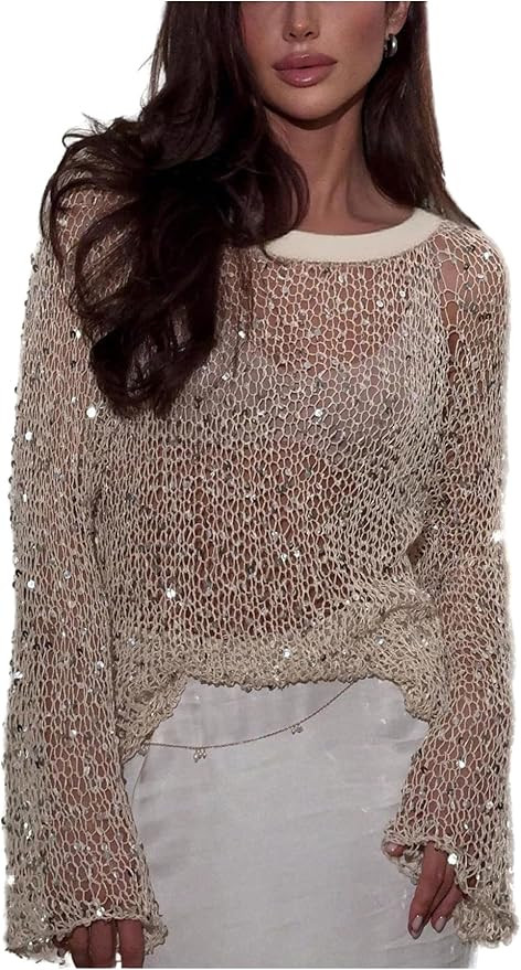 MakeMeChic Women's Sequin Bell Sleeve Crochet Sweater Crew Neck Shiny Y2K Cover Up Tops | Amazon (US)