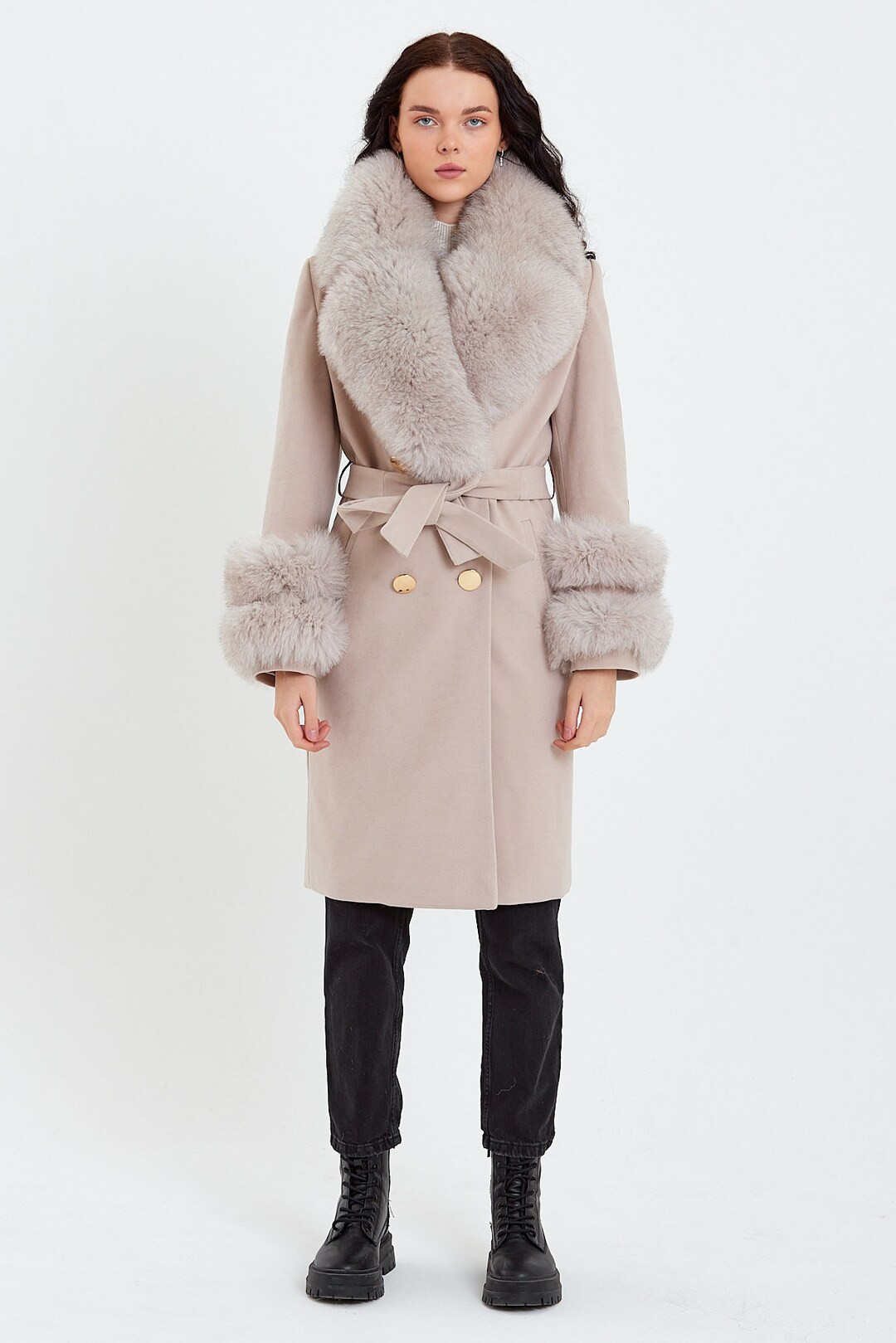 Mink Color Cashmere Coat Collar and  Sleeves Double Line Fox Fur, Double Breasted Wool coat women... | Etsy (US)