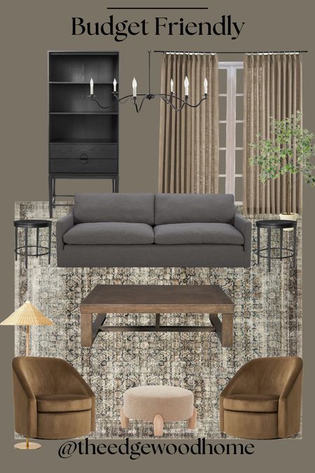 Living room, budget friendly, curated living room, moody living room, neutral living room, accent chair, couch, sofa, gray sofa, accent tables, side table, floor lamp, velvet chair, cabinet, shelves, chandelier, curtains 

#LTKsalealert #LTKFind #LTKhome