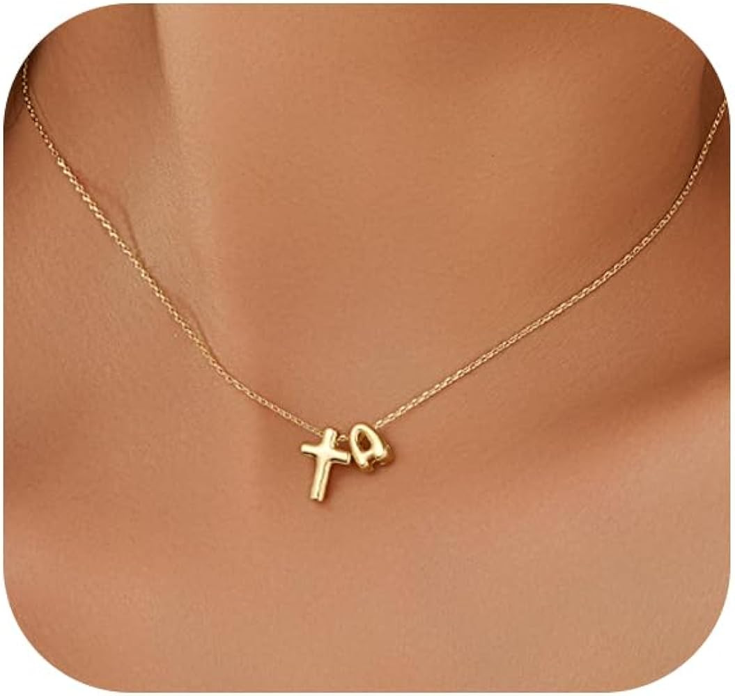 Cross Initial Necklace for Women 14K Gold Plated A-Z Bubble Letter Necklace Dainty Tiny Cross Nec... | Amazon (US)