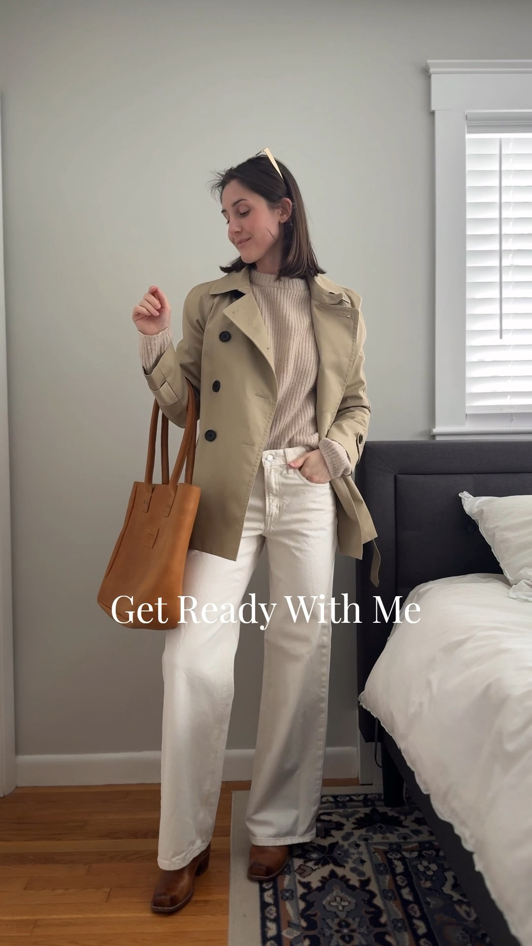 Get ready with me in this fantastic neutral outfit 🤍 I absolutely love the look of this sweater paired with a pair of off white pants - and this pair of pants is perfect! I love the straight leg style 🤍

Cashmere sweater | cropped trench coat | white jeans | boots | leather tote | ootd | outfit of the day | what I wore 

#LTKgrwm #LTKootd #LTKmomlife