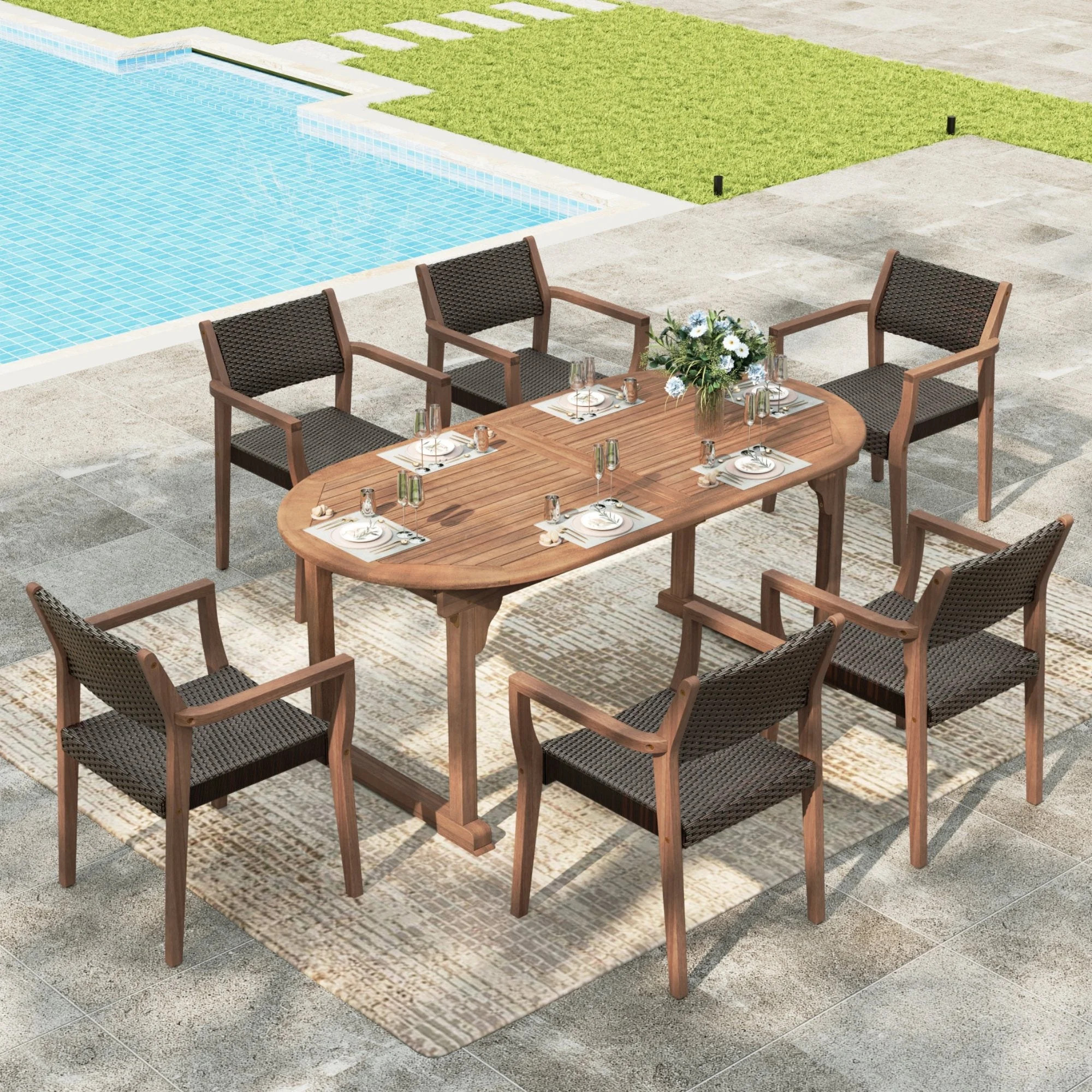Sophia & William 7-Piece Outdoor Patio Dining Set Wicker Rattan Chairs with Acacia Wood Structure... | Walmart (US)
