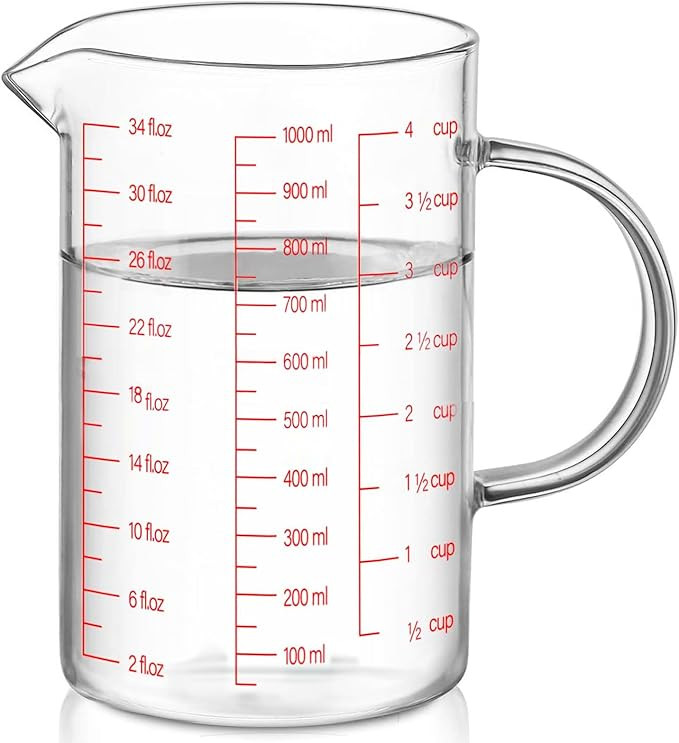 Luvan 34OZ/1000ML Glass Measuring Cup, 4 Cup Glass Measuring Cup With 3 Scales (Ml/Oz/Cup), High ... | Amazon (US)