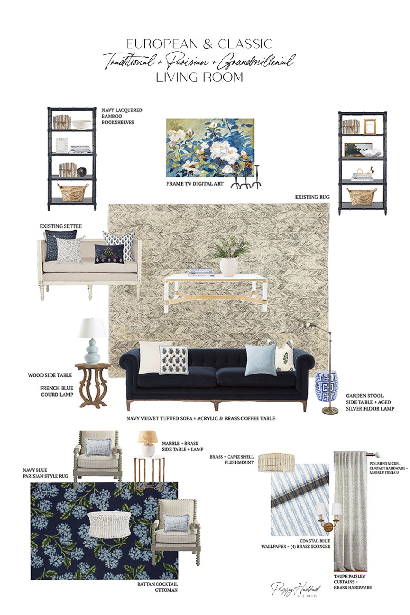 Use code PEGGYH15 for 15% off any Scout & Nimble full-price items! The Formal Living Room in Project Grandmillennial is the perfect example of a European-inspired design that exudes classic elegance with a touch of modern comfort! The formal living room features a luxurious wool rug and a deep blue sofa that add depth and richness. Bobbin chairs bring a timeless charm, while the coastal blue wallpaper from Serena & Lily infuses a serene yet sophisticated ambiance.

Traditional elements provide a sense of heritage and refinement, Parisian accents add an air of effortless chic, and grand millennial touches create a cozy, nostalgic feel. Together, these styles create a cohesive and timeless look for years to come!

Quick Tip: Achieve this look by mixing classic furniture pieces with modern textiles and vintage-inspired accessories. Opt for a balanced color palette and incorporate statement pieces like a rich toned sofa or patterned wallpaper for an elevated feel.
#InteriorDesign #TraditionalStyle #ParisianChic #GrandMillennial #EuropeanElegance #ClassicHome #FormalLivingRoom #SerenaAndLily #DesignInspiration #HomeDecorTips

#LTKHome
