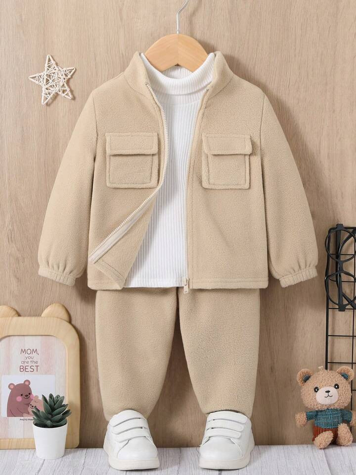 SHEIN Baby Boy Front-zip Pocket Stand Collar Oversized Jacket & Jogger Pants Set | SHEIN