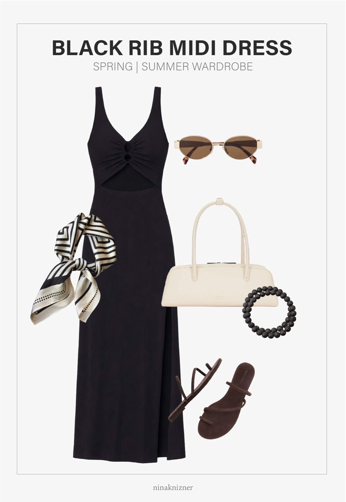 Super flattering black fitted midi dress…to wear at home when out and about or when traveling.

One of my most versatile dresses that I easily wear when I’m home running errands or shopping and also when traveling. It’s such a flattering fit, shows off the smallest part of the waist, and is also really comfortable because of the ribbed material. L*space has the best quality ribbed textiles!!

Complete the outfit with a scarf that can be tied to the bag’s handle, or styled on the head.

- L*Space - Camille Dress in Black
- Celine Triomphe 54mm Oval Sunglasses in Shiny Rose Gold/Brown
- Amazon - Jerla - Mulberry Silk Scarf in Black and White Geometry Stripe
- Freja New York - Mercer Bag in Oat
- Amazon - 8mm Beads in Lava Rock (I made a bracelet out of these beads)
- Reformation - Ludo Toe Ring Strappy Flat Sandals in Espresso Suede


#spring #springoutfits2026 #womenspringoutfits #springbreak #summer #summeroutfits2026 #womensummeroutfits  #traveloutfits #mediterranean #coastal #westcoast #californiacoastal #essentials #staples #capsulewardrobe #minimalist #basics #california #westcoast #destinations #beachvacation #vacation #sightseeing #village #lspace #dress #springdress #summerdress #maxidress #mididress #lbd #blackdress#springbag #summerbag #shoulderbag #ovalsunglasses #celine #brownsunglasses #suedesandals #sandals #flats #leathershoes #shoes #springshoes #summershoes #travelshoes #strappysandals #espresso #chocolatebrown #scarf 

#LTKootd #LTKSeasonal #LTKTravel