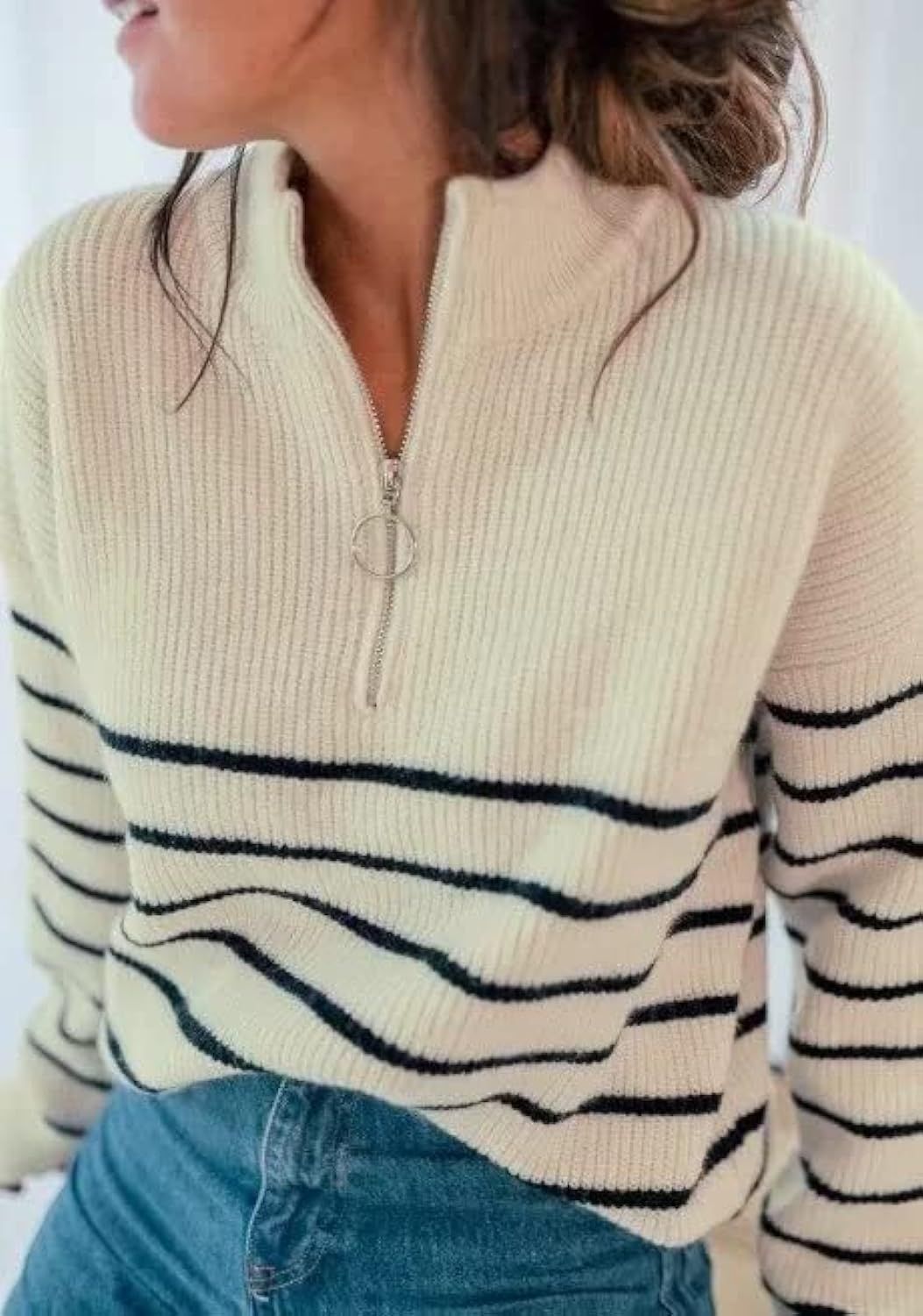 Women Casual Fall Long Sleeve Zipper Collar Tops Oversized Striped Sweatshirt Pullover Sweaters f... | Amazon (US)