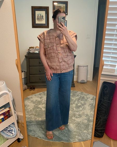 Business casual work wear outfit / pink tweed top / flared jeans (petite friendly length) / braided sandals / top and jeans run big : spring outfits 

#LTKSeasonal #LTKover40 #LTKworkwear