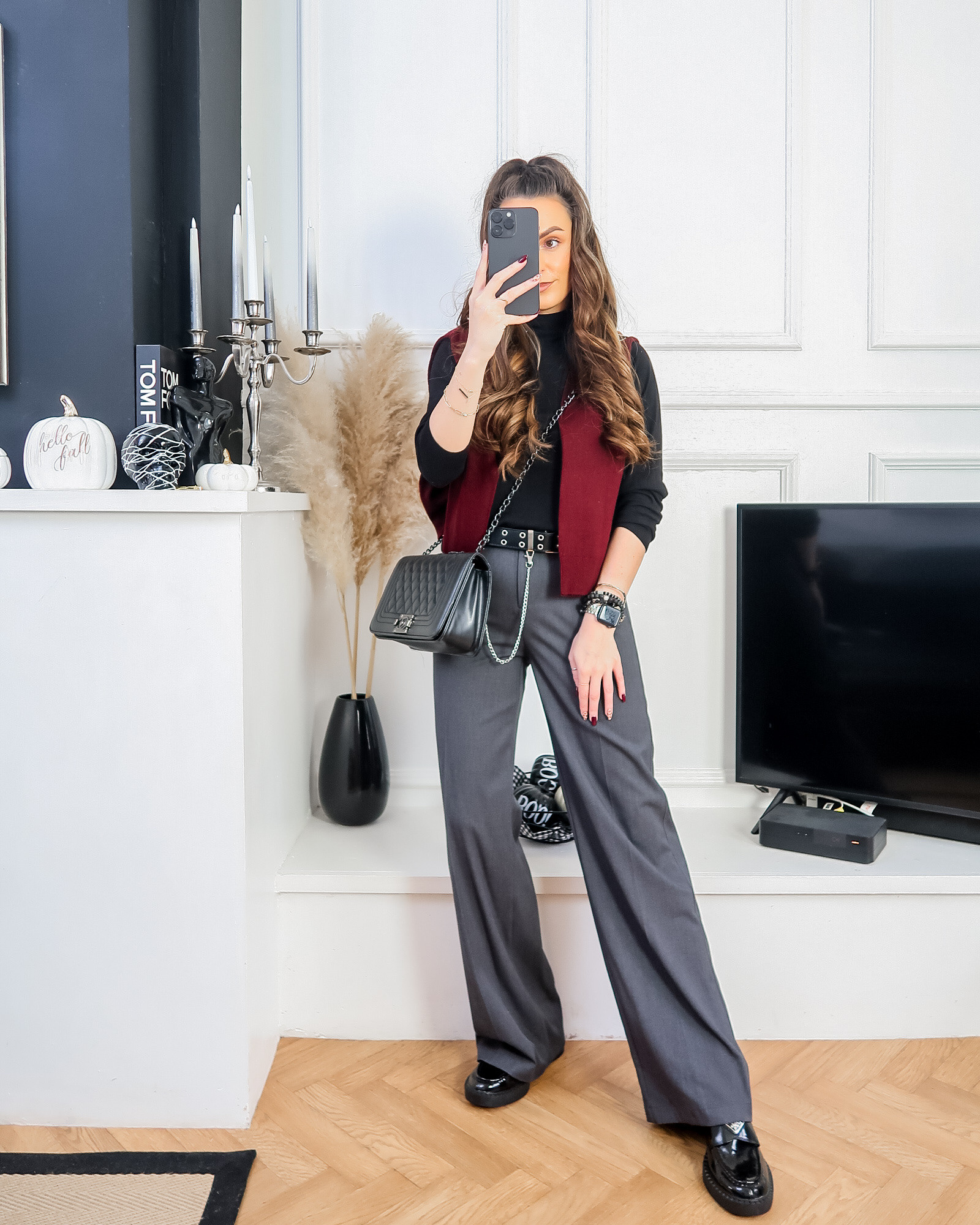 Grey and burgundy, fall colour combos, fall outfit ideas, autumn colour combo, autumn outfit ideas, grey tailored trousers, grey flared trousers, grey high waist trousers, dark grey trousers, burgundy knit, maroon knit, black loafers, prada loafers, chain belt, rock belt, grommet belt, studded belt 

#LTKautumn #LTKuk #LTKeurope