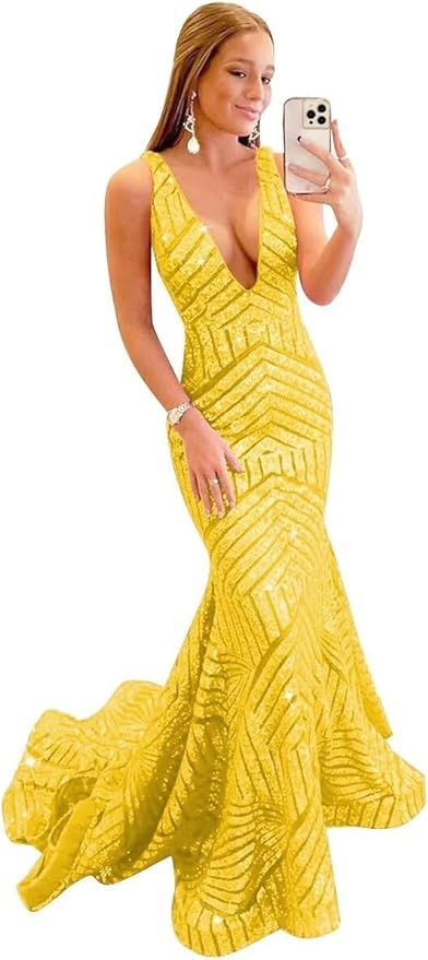 V Neck Sequin Prom Dress Long Mermaid Evening Gown Sparkly Evening Dresses for Women | Amazon (US)