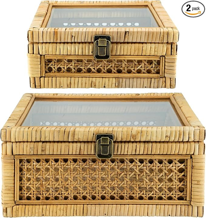 Rattan Square Box with Lid - Set of 2 Wicker Decorative Bins with Glass Cover for Display | Amazon (US)