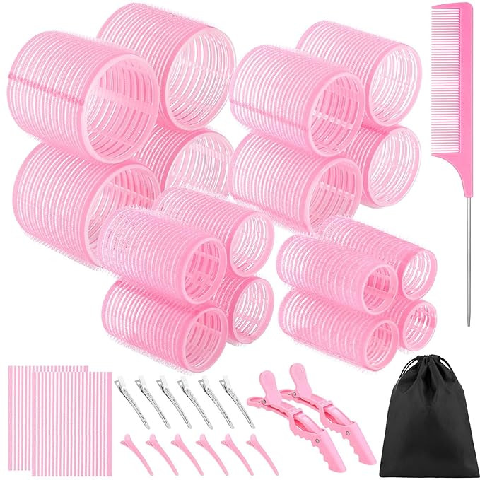 4 Sizes Self Grip Hair Rollers Set, 16 Pink Hair Rollers for Women with 17 Hair Clips Rat Tail Co... | Amazon (US)