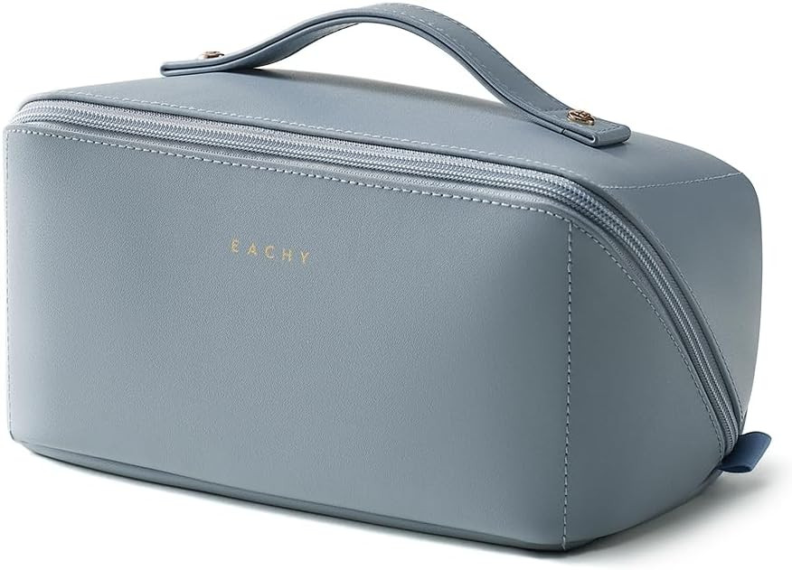 EACHY Travel Makeup Bag for Women, Flat Open Cosmetic Bag, Blue, Medium | Amazon (US)