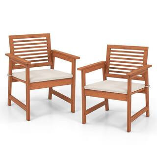 Solid Wood Outdoor Dining Chair Patio Chairs with Comfortable Off White Cushions (Set of 2) | The Home Depot