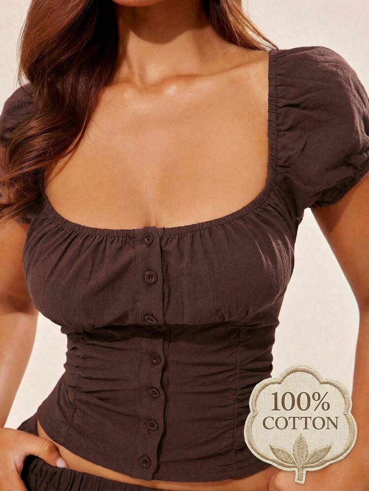 Radiana Brown Pleated Button Front Collared Top, Fitted Cinched Waist Bustier, Low Neckline Blous... | SHEIN
