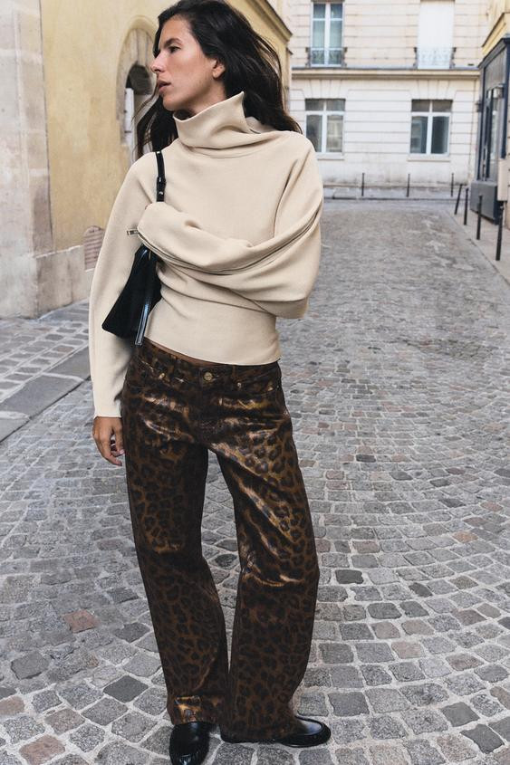 Zara - Z1975 Straight Mid-Waist Animal Print Jeans - Leopard - 14 - Woman | Zara UK
