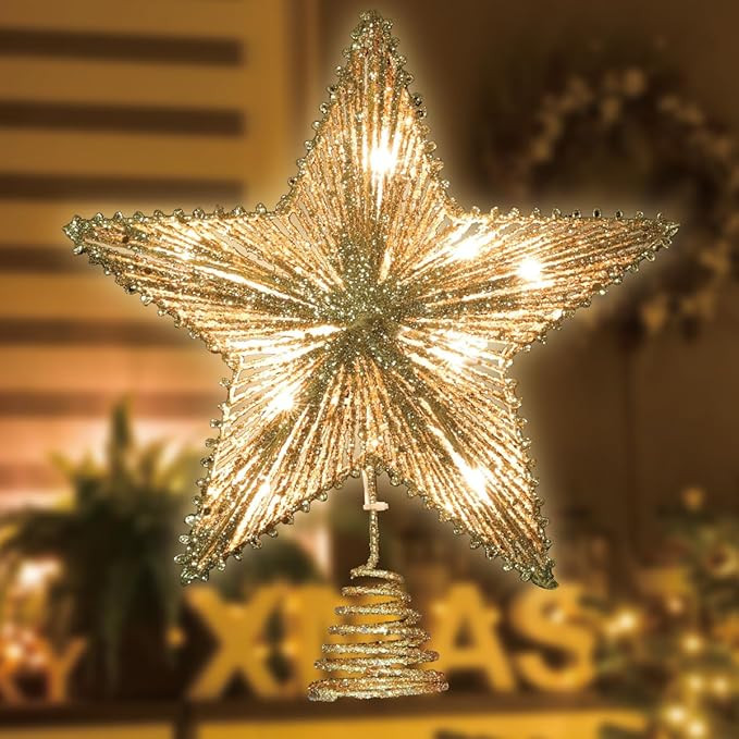 LAMPHOME 11" 10L Lighted Gold Glitter Thread Christmas Star Tree Topper ，Lighted Star Tree Topp... | Amazon (US)