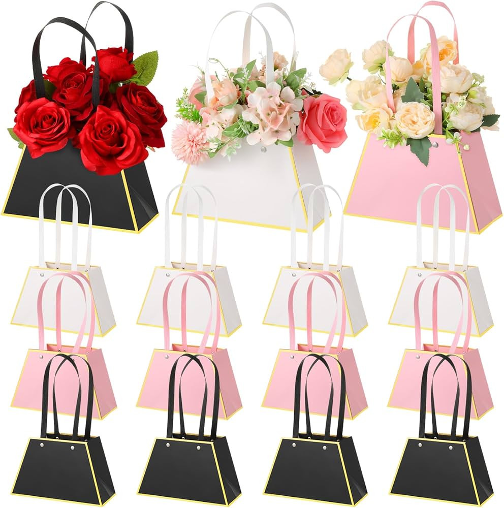 12 Pcs Flower Bags Flower Boxes for Bouquets Waterproof Bouquet Wrapping Paper Bag with Handle Fl... | Amazon (US)