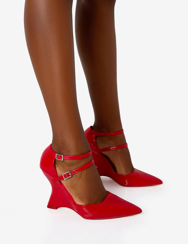 Aspiration Red Patent Strappy Pointed Toe Platform Cut Out Wedge Heels | Public Desire