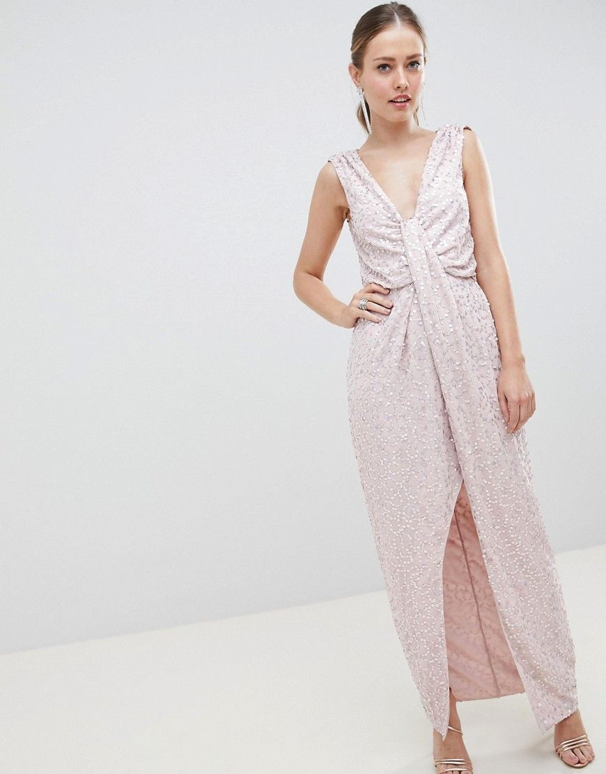 ASOS DESIGN drape knot front scatter embellished sequin maxi dress - Cream | ASOS US