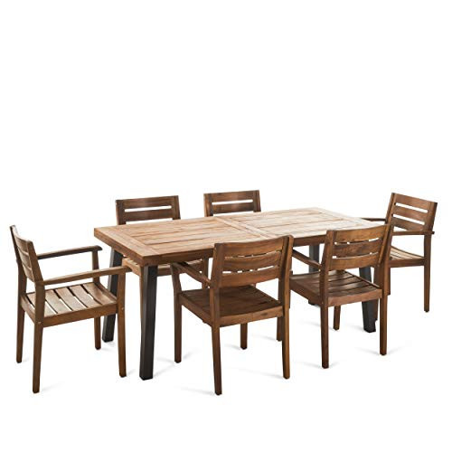 Christopher Knight Home Avon Outdoor Acacia Wood Dining Set, 7-Pcs Set, Teak Finish With Rustic Metal Accents | Amazon (US)