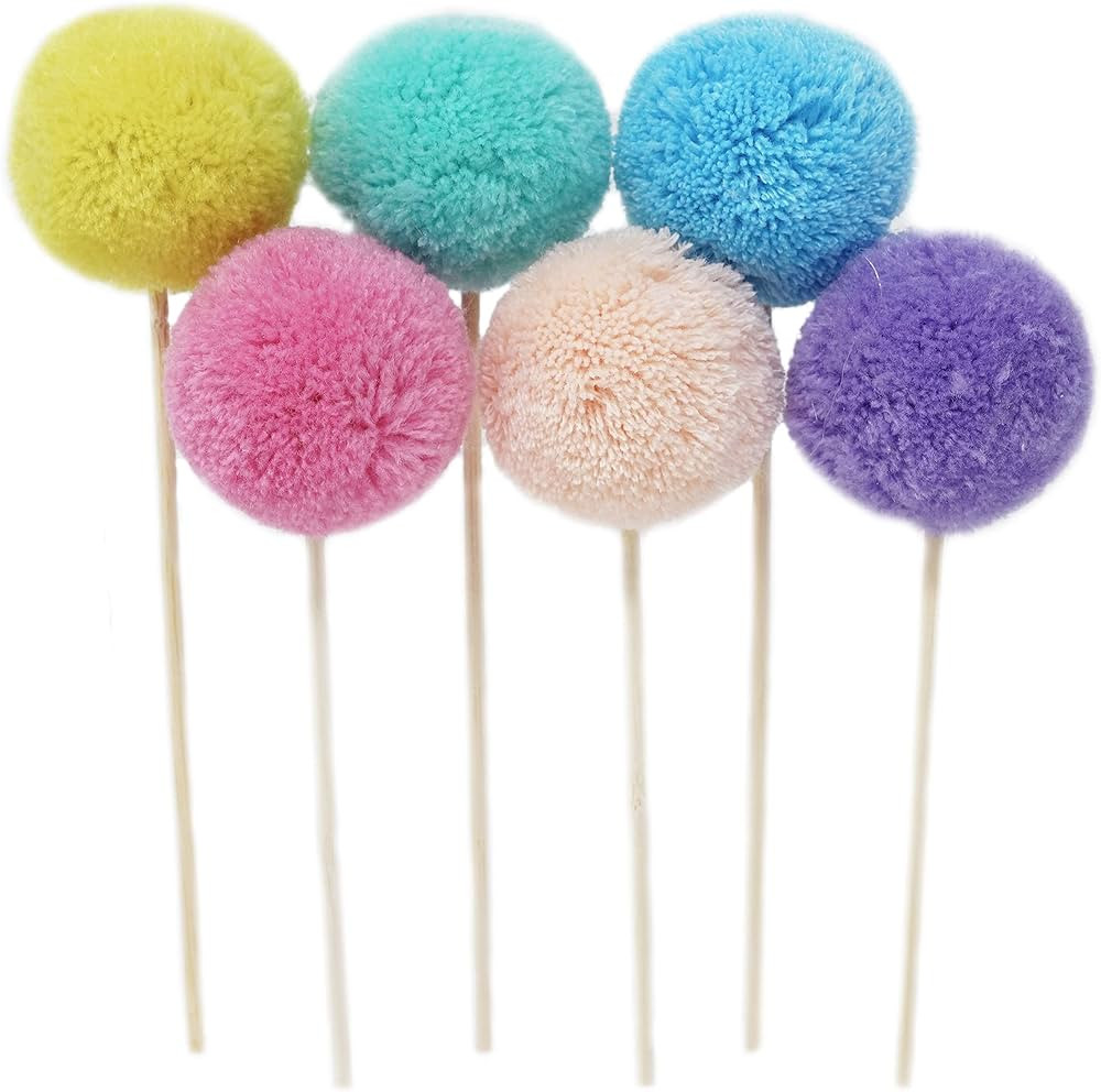 Fluffy Pom Pom Cake and Cupcake Topper Picks, Set of 6 Poms (Pastel Rainbow Combo) | Amazon (US)