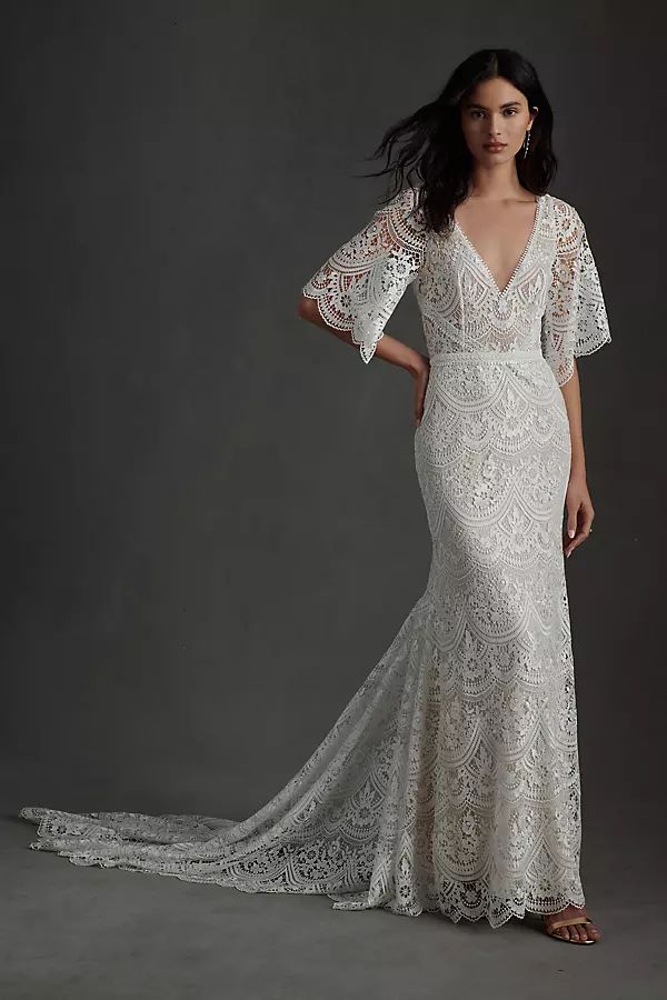 Rish Haleh Flutter-Sleeve Allover Lace V-Neck Fit & Flare Wedding Gown By Rish in White Size 24W | Anthropologie (US)