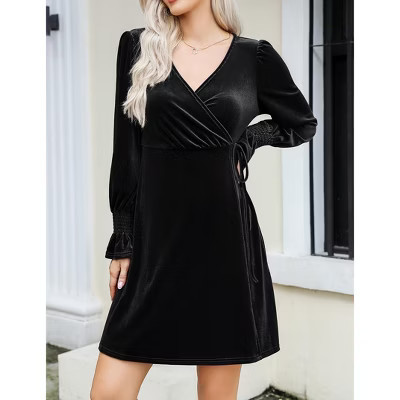 Women's Velvet Long Sleeve Dress with Ruffle Sleeve Drawstring Waist Stretch Slip Dress Black
 S | Target