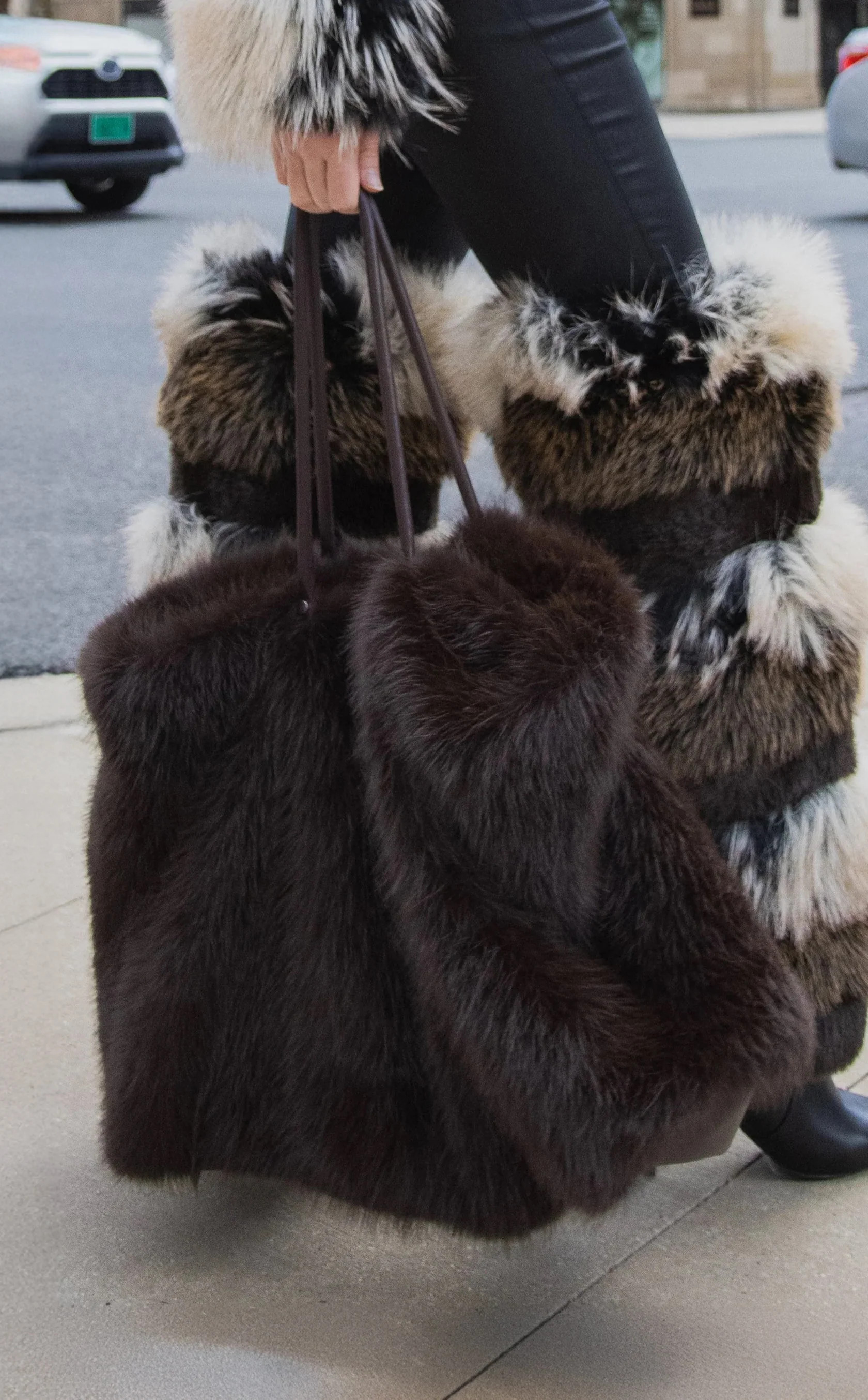 ROXANA-CHOCOLATE FAUX FUR HANDBAG | Azalea Wang