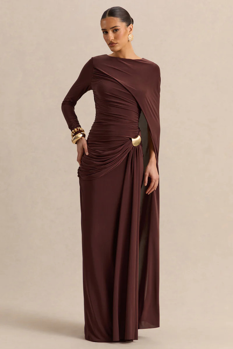 Orintha  Brown High-Neck Maxi Dress With Cape And Gold-Detail | Club L London