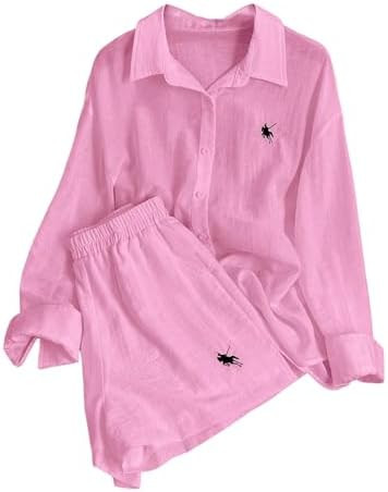 SweatyRocks Women's 2 Piece Linen Short Set Summer Outfits Pajama Gauze Set | Button Down Shirts,... | Amazon (US)