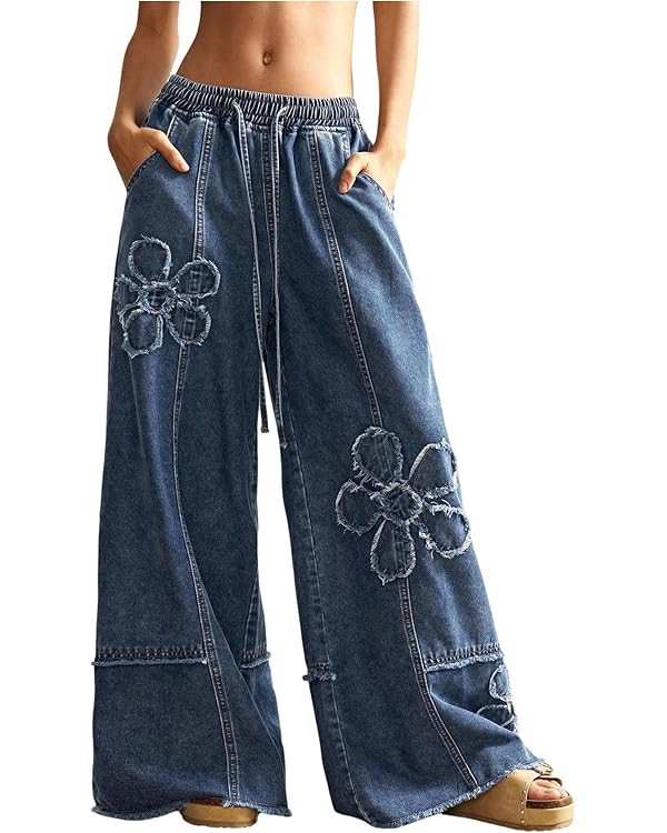 BEAUDRM Women's Y2K Floral Baggy Jeans Boho Wide Leg Jeans Low Rise Denim Pants Drawstring Elasti... | Amazon (US)