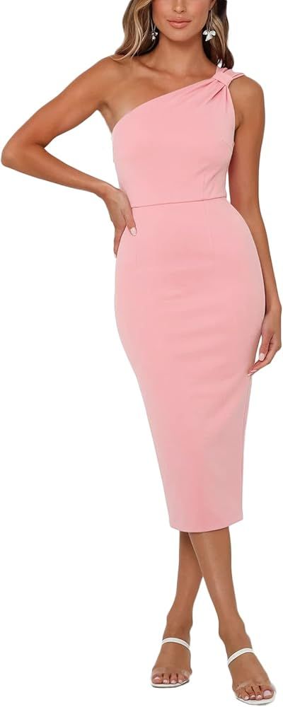 Vrtige Women's One Shoulder High Waist Sleeveless Split Slit Hem Bodycon Midi Dress Pink Small | Amazon (US)