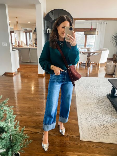 Winter green sweater. 
Exact is the Sonder. Size small
Linking others 
Down one size in jeans. Regular length  

#LTKstyletip #LTKover40 #LTKSeasonal